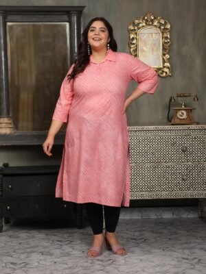 Plus Size Pink Cotton Print Long Kurti