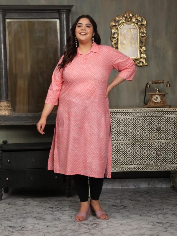 Plus Size Pink Cotton Print Long Kurti