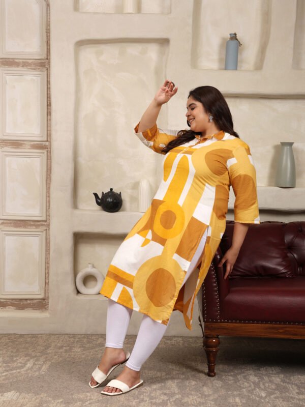 Plus Size Yellow Cotton Print Long Kurti - Image 2
