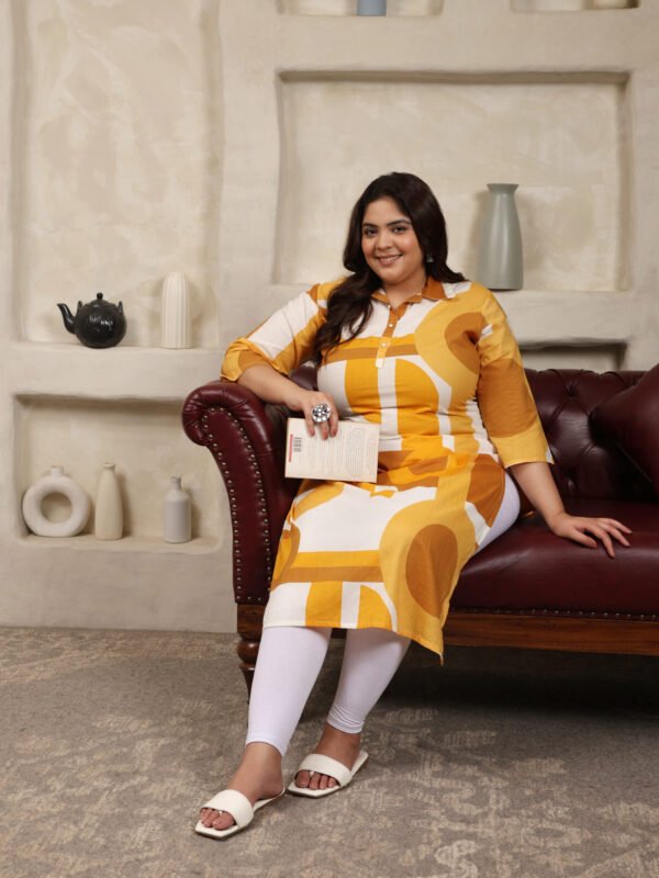 Plus Size Yellow Cotton Print Long Kurti - Image 4