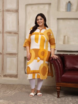 Plus Size Yellow Cotton Print Long Kurti