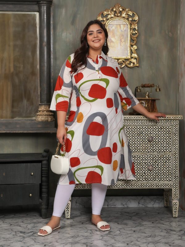 Plus Size White Cotton Print Long Kurti - Image 3