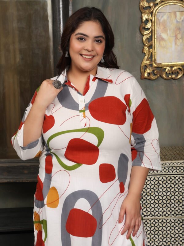 Plus Size White Cotton Print Long Kurti - Image 5