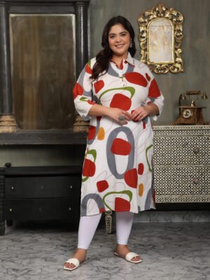 Plus Size White Cotton Print Long Kurti