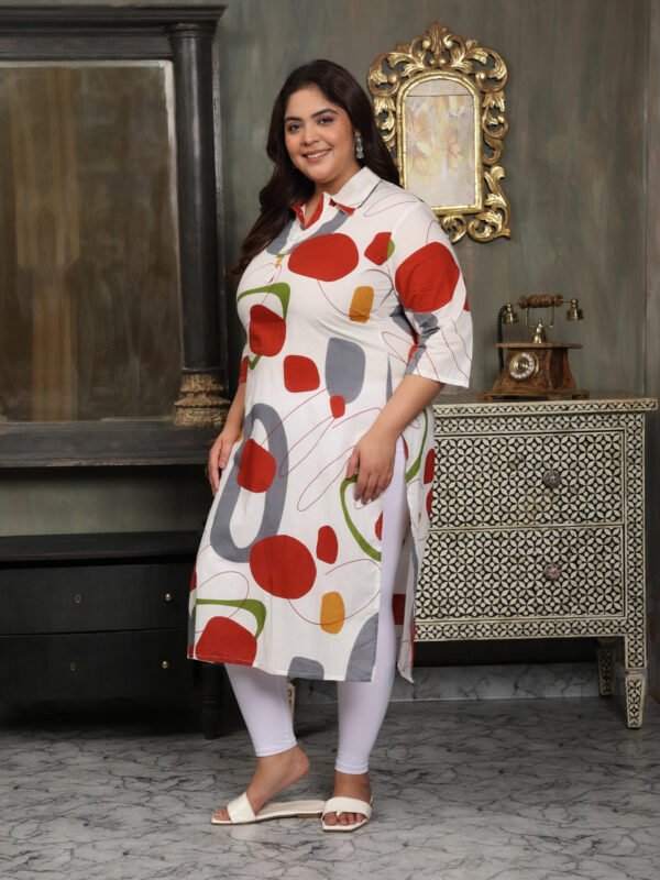 Plus Size White Cotton Print Long Kurti - Image 6