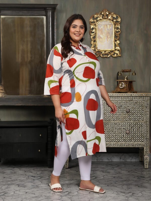 Plus Size White Cotton Print Long Kurti - Image 7