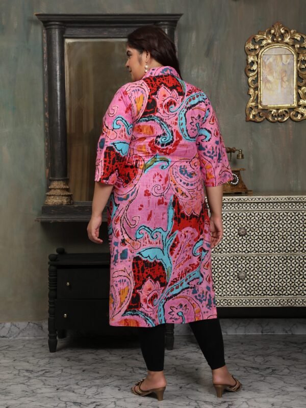 Plus Size Pink Cotton Print Long Kurti - Image 5
