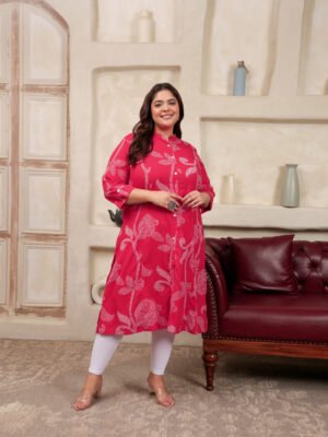 Plus Size Red Cotton Print Long Kurti