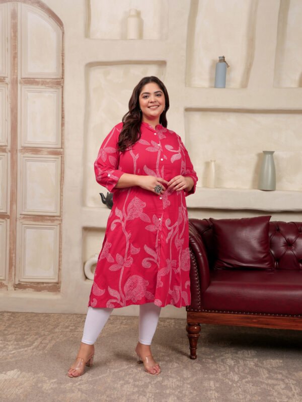 Plus Size Red Cotton Print Long Kurti