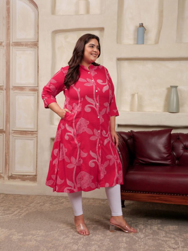 Plus Size Red Cotton Print Long Kurti - Image 2