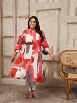 Plus Size Red Cotton Print Long Kurti