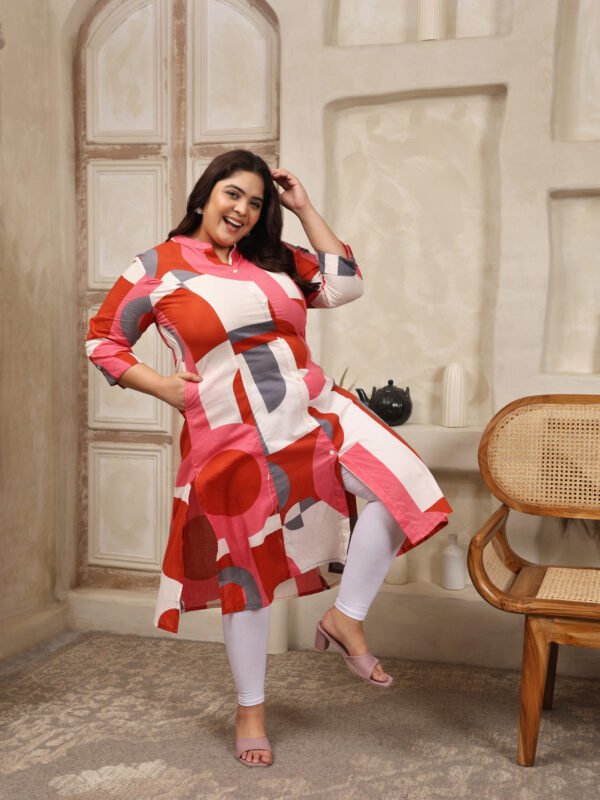 Plus Size Red Cotton Print Long Kurti - Image 2