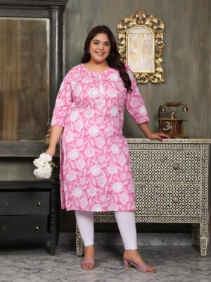 Plus Size Pink Cotton Print Long Kurti