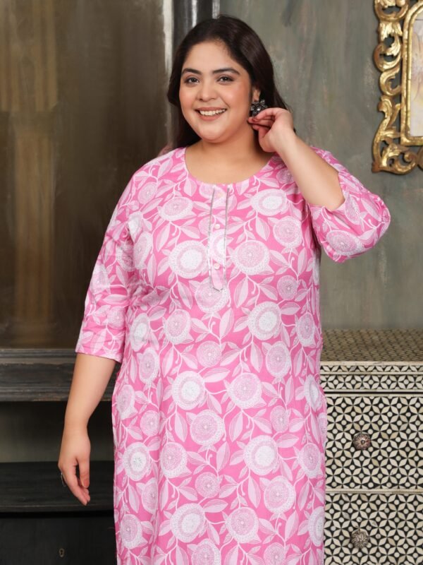 Plus Size Pink Cotton Print Long Kurti - Image 3