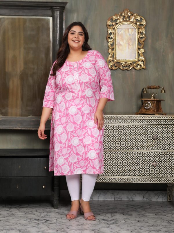 Plus Size Pink Cotton Print Long Kurti - Image 4