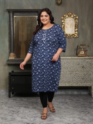 Plus Size Blue Cotton Print Long Kurti