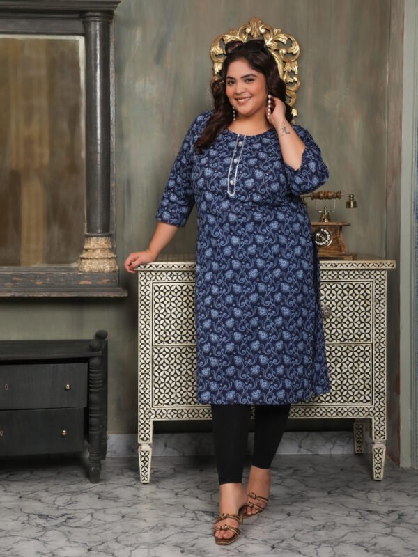 Plus Size Blue Cotton Print Long Kurti - Image 4