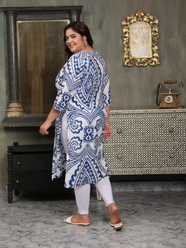 Plus Size Sky Blue Cotton Print Long Kurti - Image 2
