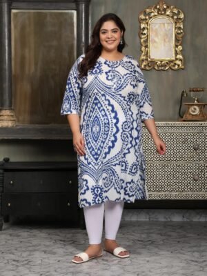 Plus Size Sky Blue Cotton Print Long Kurti