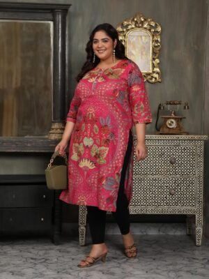 Plus Size Pink Cotton Print Long Kurti