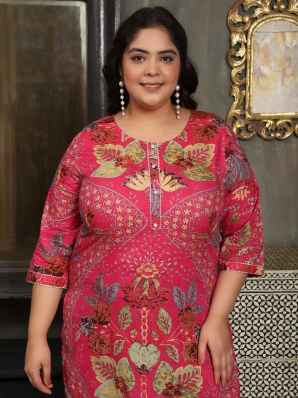 Plus Size Pink Cotton Print Long Kurti - Image 6