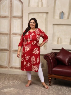 Plus Size Red Cotton Print Long Kurti