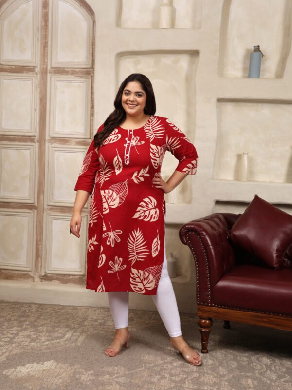 Plus Size Red Cotton Print Long Kurti
