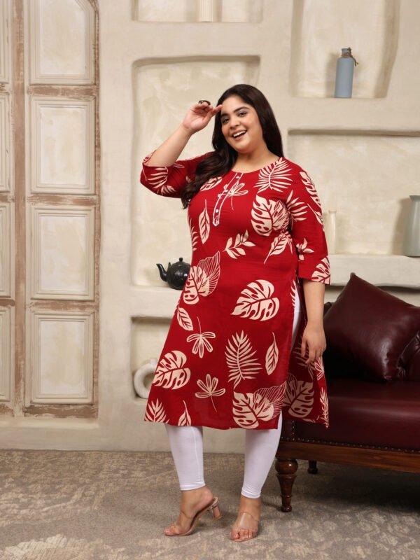 Plus Size Red Cotton Print Long Kurti - Image 2