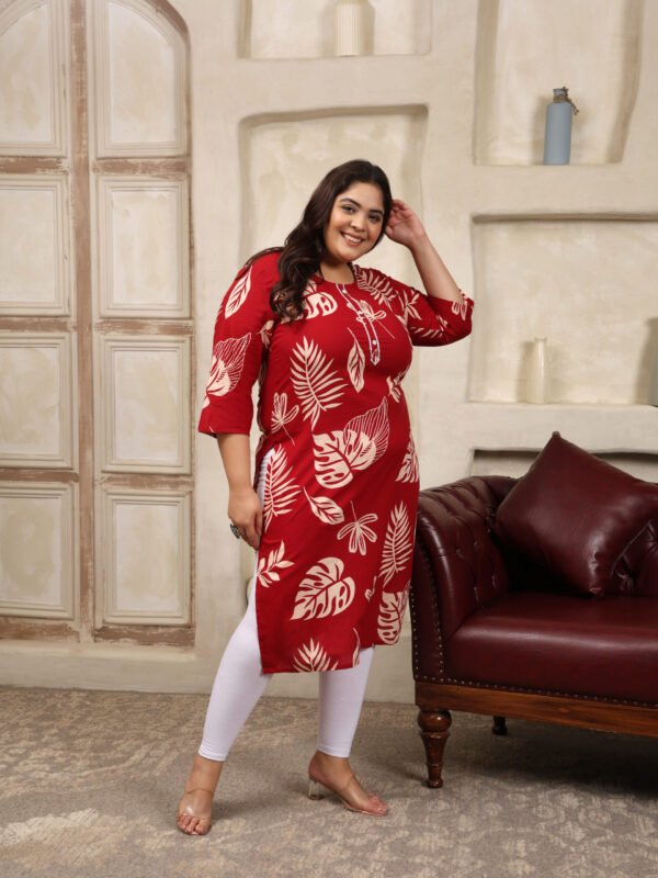 Plus Size Red Cotton Print Long Kurti - Image 3