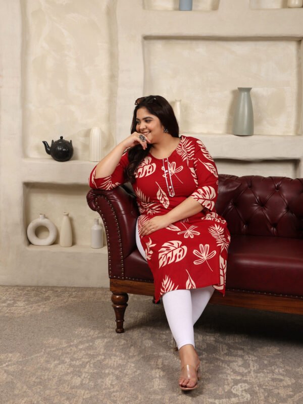 Plus Size Red Cotton Print Long Kurti - Image 4