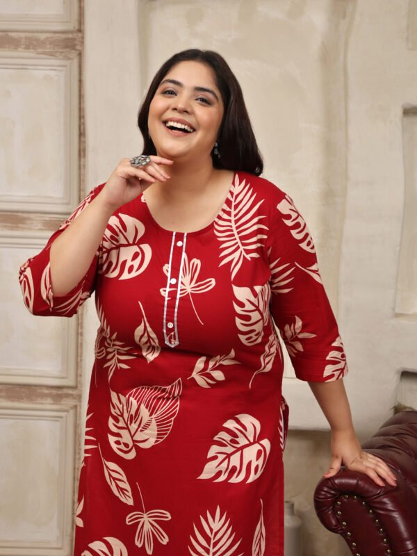 Plus Size Red Cotton Print Long Kurti - Image 6