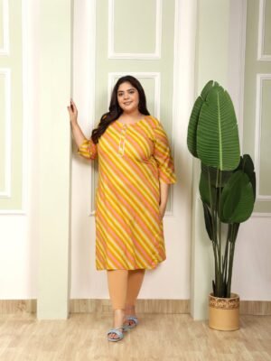 Plus Size Yellow Cotton Print Long Kurti