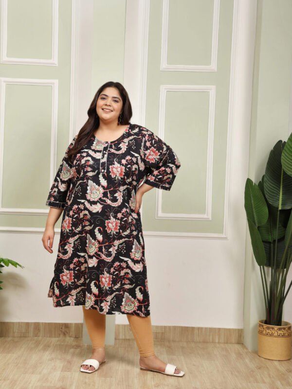 Plus Size Black Cotton Print Long Kurti - Image 3
