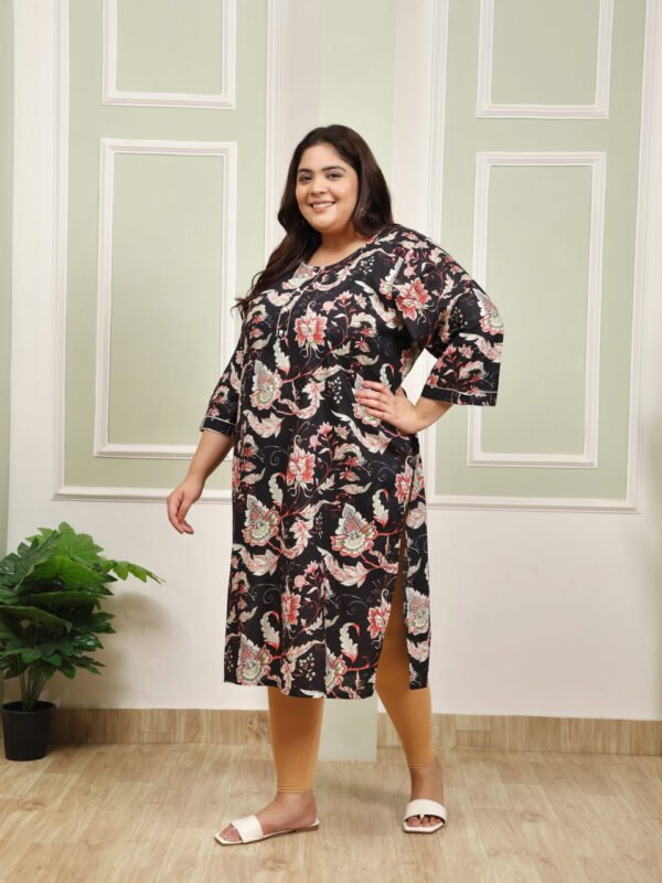 Plus Size Black Cotton Print Long Kurti - Image 2