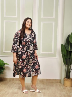 Plus Size Black Cotton Print Long Kurti