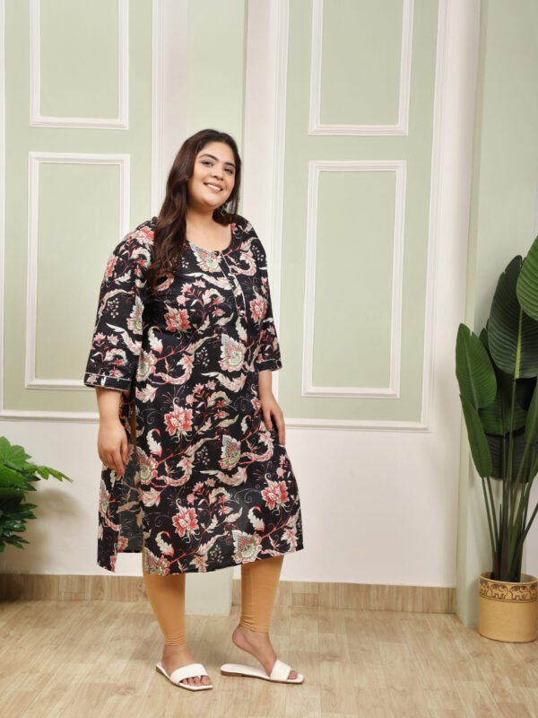 Plus Size Black Cotton Print Long Kurti