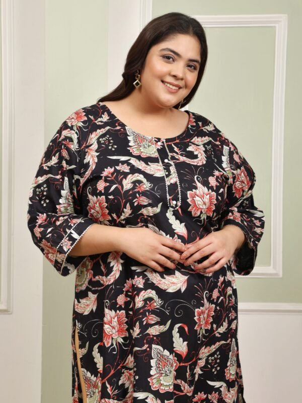 Plus Size Black Cotton Print Long Kurti - Image 6