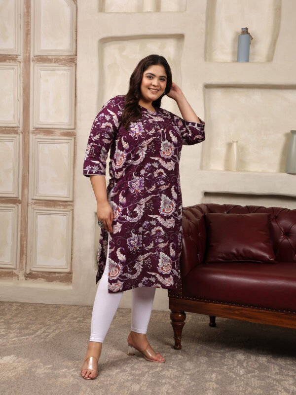 Plus Size Lavender Cotton Print Long Kurti - Image 3