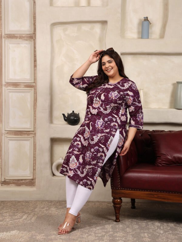 Plus Size Lavender Cotton Print Long Kurti - Image 4