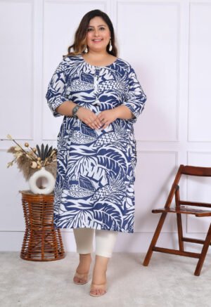 Plus Size Blue Cotton Floral Print Embroidered Long Kurta
