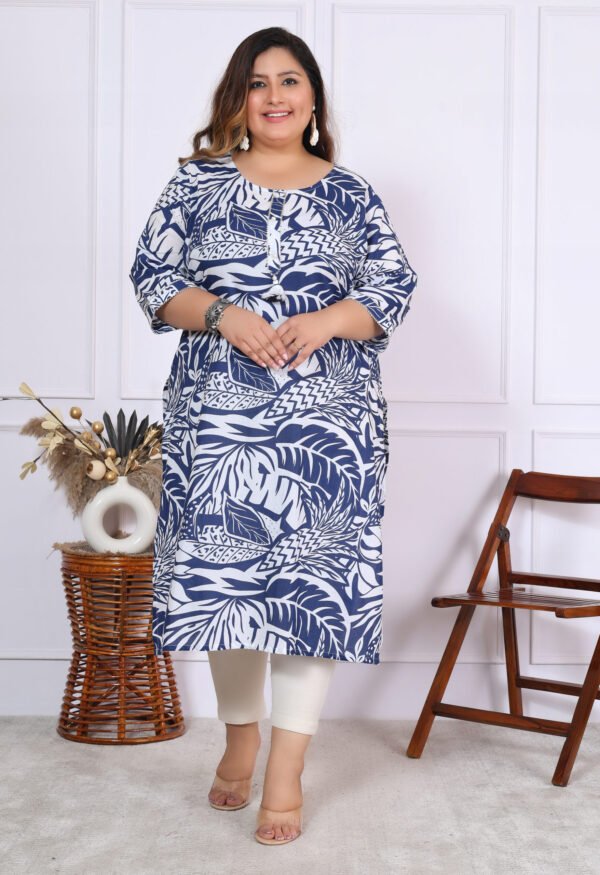 Plus Size Blue Cotton Floral Print Embroidered Long Kurta