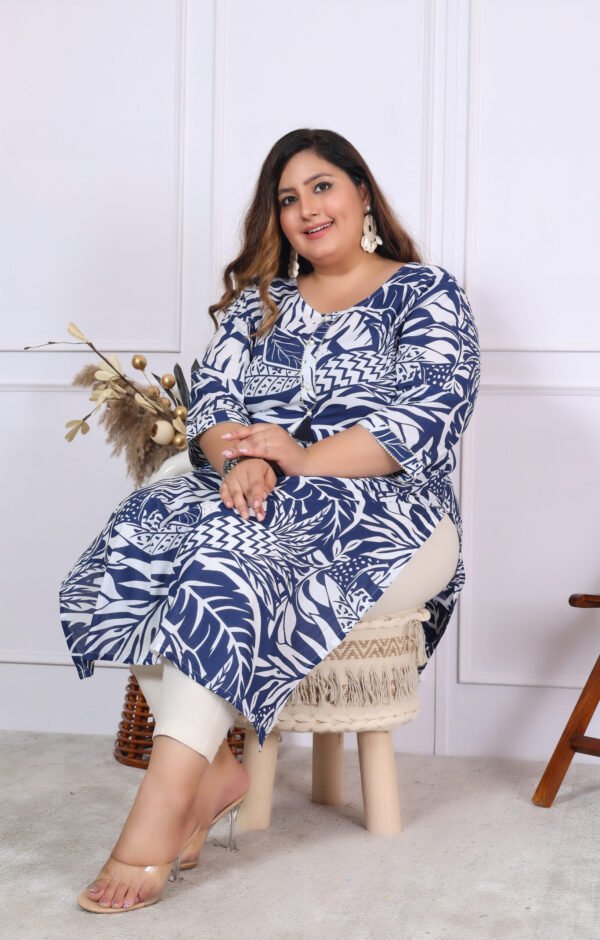 Plus Size Blue Cotton Floral Print Embroidered Long Kurta - Image 8