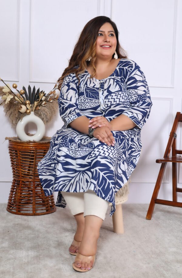 Plus Size Blue Cotton Floral Print Embroidered Long Kurta - Image 9