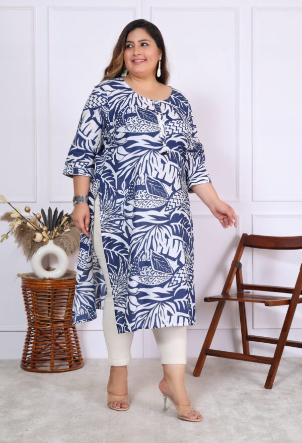 Plus Size Blue Cotton Floral Print Embroidered Long Kurta - Image 2
