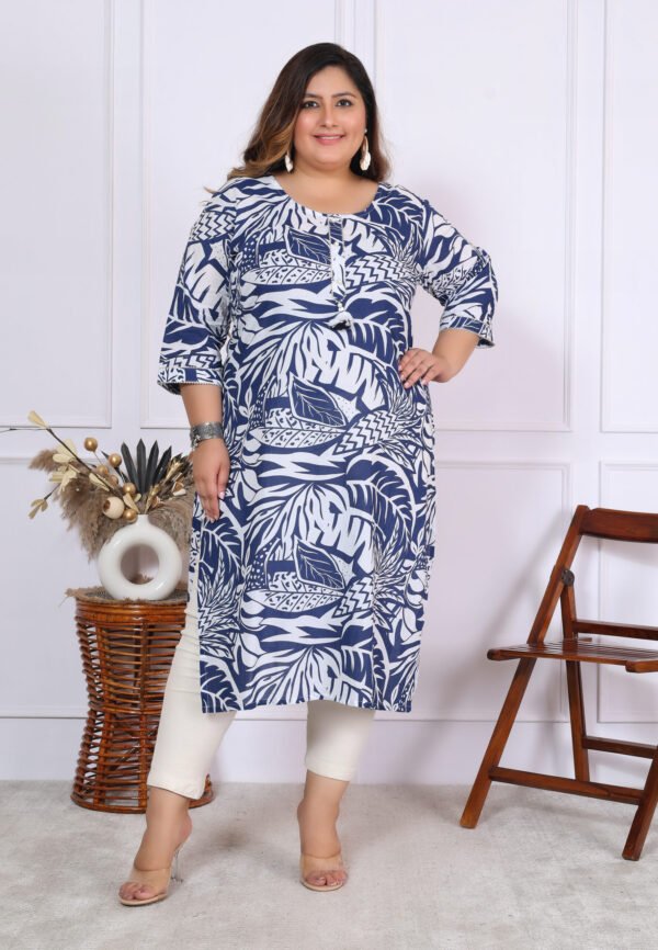Plus Size Blue Cotton Floral Print Embroidered Long Kurta - Image 5