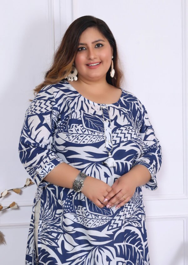 Plus Size Blue Cotton Floral Print Embroidered Long Kurta - Image 6