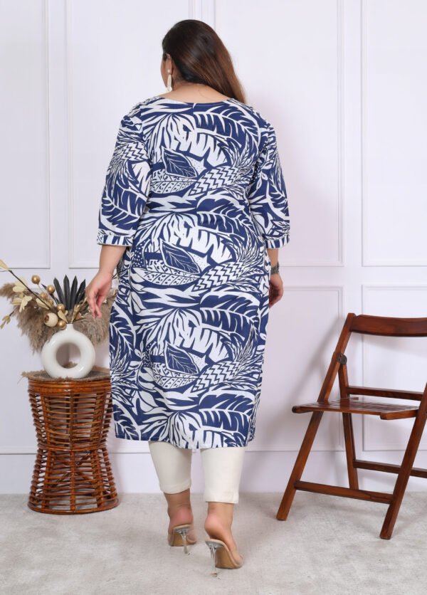 Plus Size Blue Cotton Floral Print Embroidered Long Kurta - Image 12