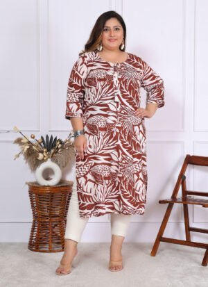 Plus Size Mehroon Cotton Floral Print Embroidered Long Kurta