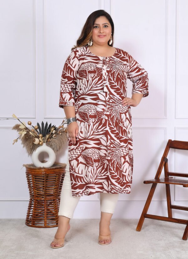 Plus Size Mehroon Cotton Floral Print Embroidered Long Kurta