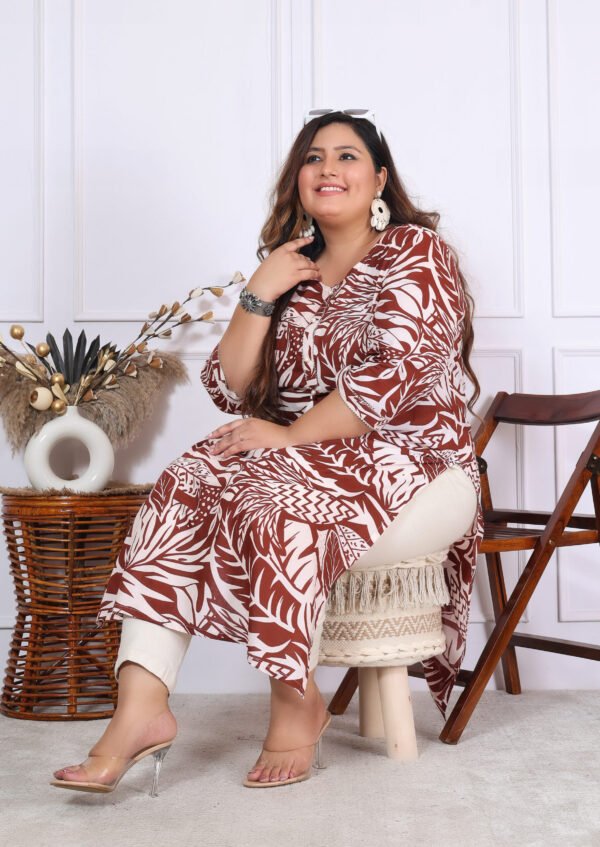 Plus Size Mehroon Cotton Floral Print Embroidered Long Kurta - Image 10